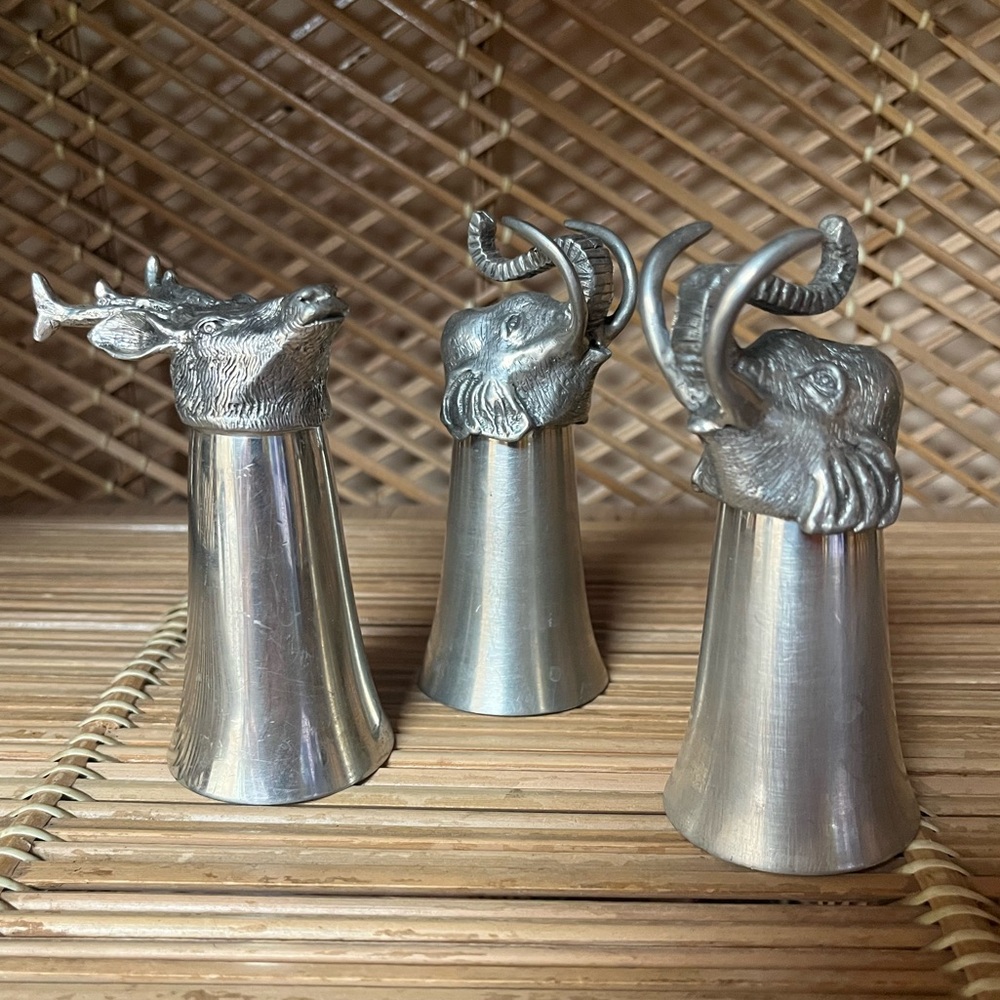 Set of 3 Pewter Animal Head Shot Glasses